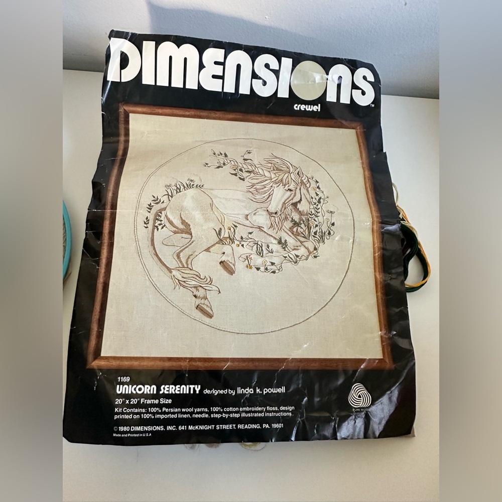 Dimensions Unicorn Serenity crewel embroidery STARTED HALF COMPLETE 1980 20 x 20